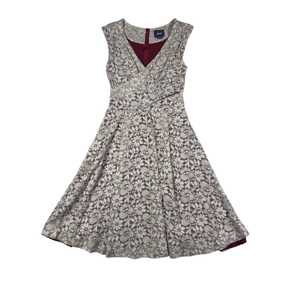 Maeve Anthropologie XS Lace Fit Flare Dress Burgundy Lined Floral Cocktail